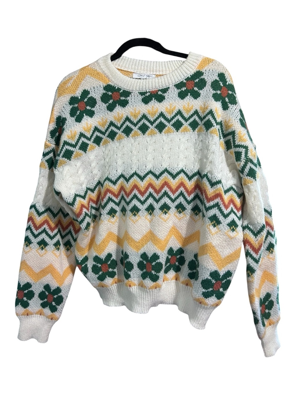 Cloud Ten Cream Floral Fair Isle Crewneck Sweater with Green Accents